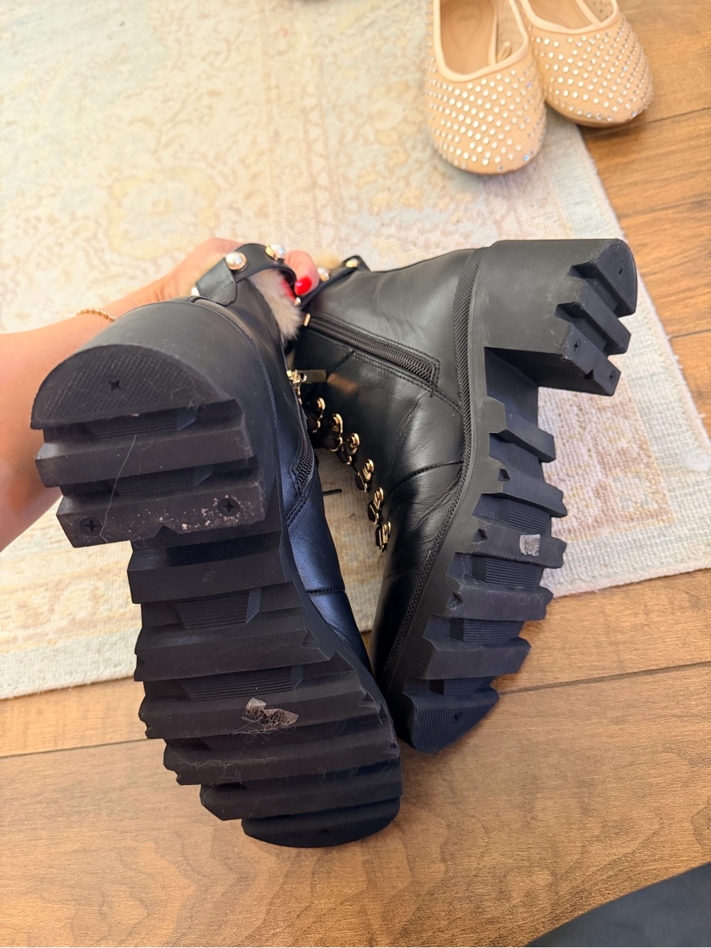 Neiman Marcus Black Lace-Up Faux Fur Trim Combat Booties with Gold Accents - Picture 3 of 4